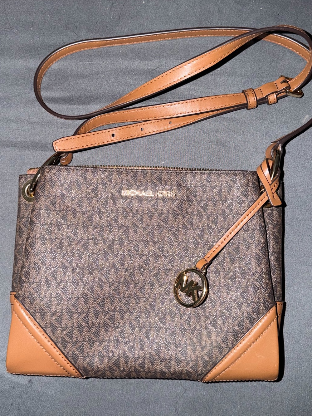 Michael Kors Brown Logo Crossbody with Tan Trim and Gold Charm
